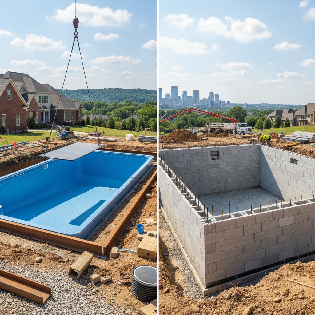 Modern pool installation comparing fiberglass and ICF construction methods in Nashville Tennessee backyard