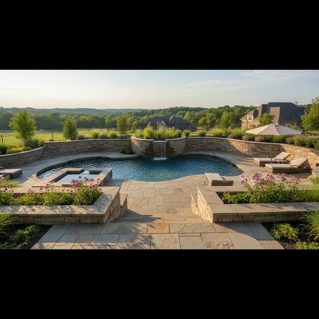 Custom pool with professional hardscape patio and retaining walls in Nashville Tennessee backyard