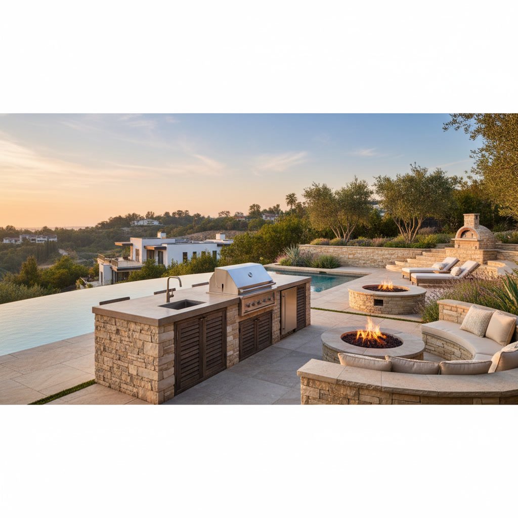 Luxury outdoor kitchen with custom pool in Brentwood Tennessee backyard