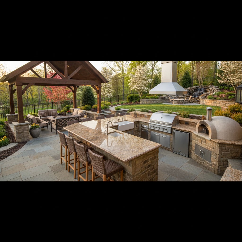 Modern outdoor kitchen in Spring Hill Tennessee backyard showing proper space planning